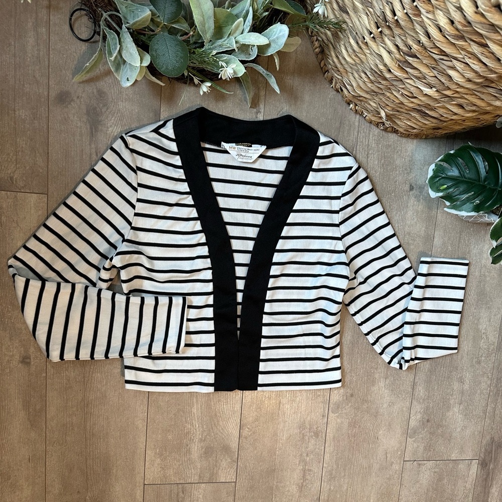 Vintage 1970s JCPenney Fashions Black White Striped Open Front Cardigan Sz Small